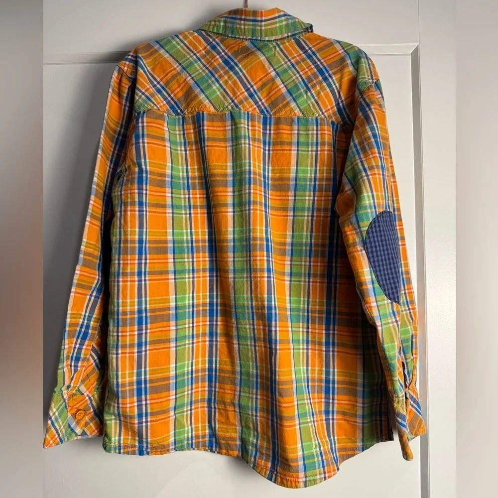 Beverly Hills Polo Club Orange Blue plaid Button Down Shirt elbow patches